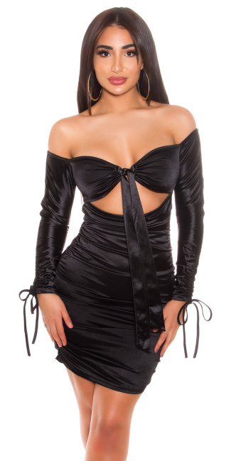 Ruffled Off-Shoulder Satin Dress Black